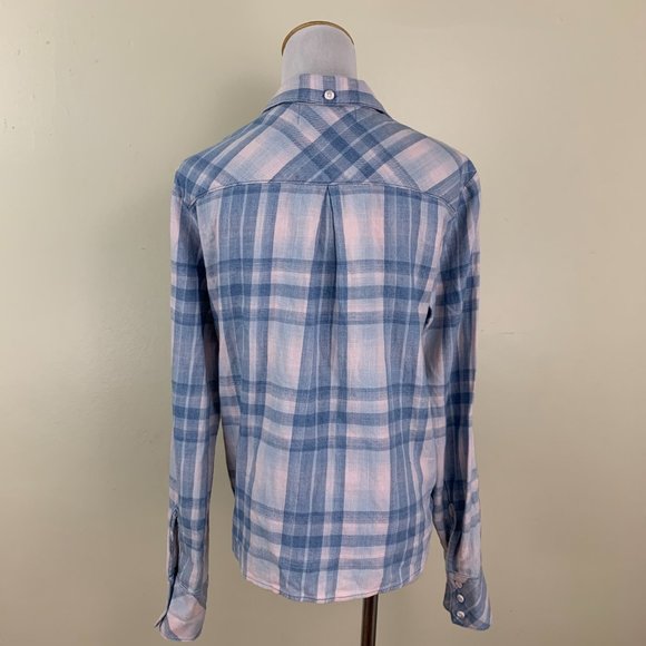 CLOTH & STONE Anthropologie Blue Pink Plaid Tie Hem Long Sleeve Button Shirt - Picture 8 of 10